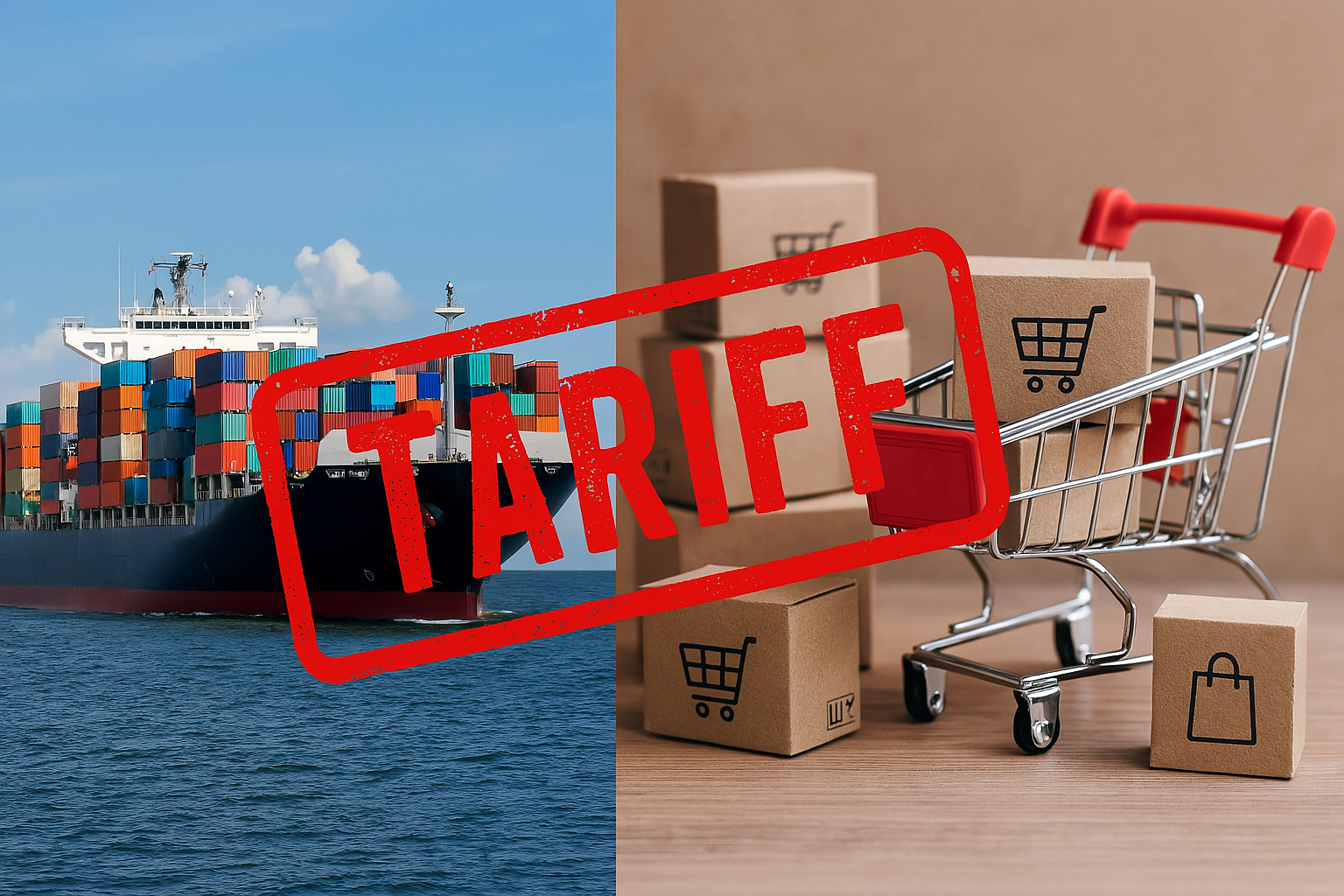 Split-screen image showing a cargo ship loaded with colorful shipping containers on the ocean, and a small shopping cart filled with cardboard boxes on a wooden surface, with a bold red ‘TARIFF’ stamp overlayed—representing the impact of U.S. trade tariffs on ecommerce and global supply chains.