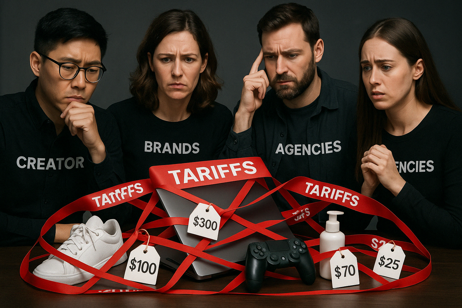 Concerned creators, brands, and agencies facing higher product costs due to tariffs, symbolized by red tape and price tags.