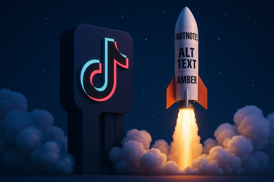 TikTok launching a rocket labeled with newest features: ALT text, AMBER alerts, and Footnotes