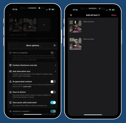 “Add alternative text” option within the photo post composer  shared by app researcher Radu Oncescu